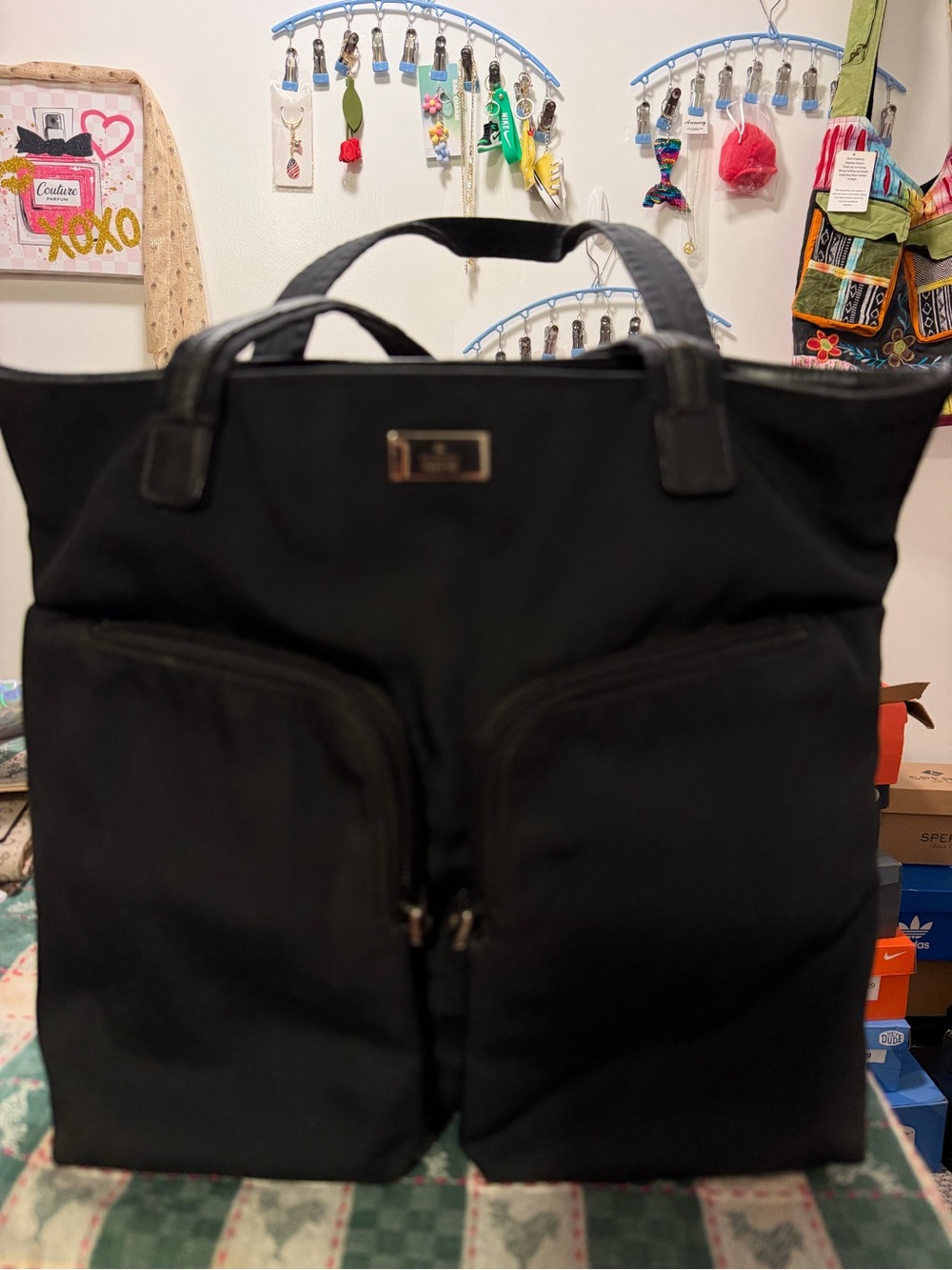 Vintage Gucci Black Nylon Shoulder Bag with Dual Front Pockets